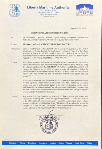Urgent Marine Operations Notice: Liberia Maritime Authority Issues Strict Deadline for Wreck Removal